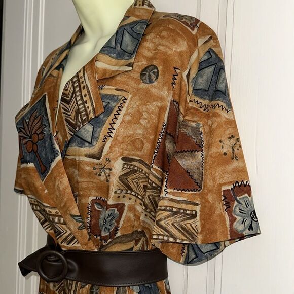 Vtg 80s/90s Positive Attitude Brown, Tan & Blue Wrap Look Tropical Print Dress - Picture 4 of 9